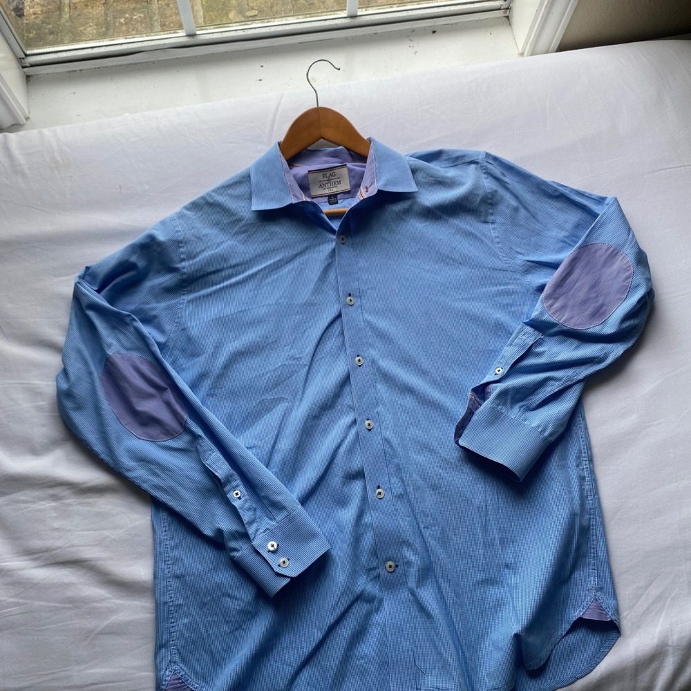 Flag & Anthem Mens Blue Gingham Check Button Down Shirt Large Elbow Patches Fall